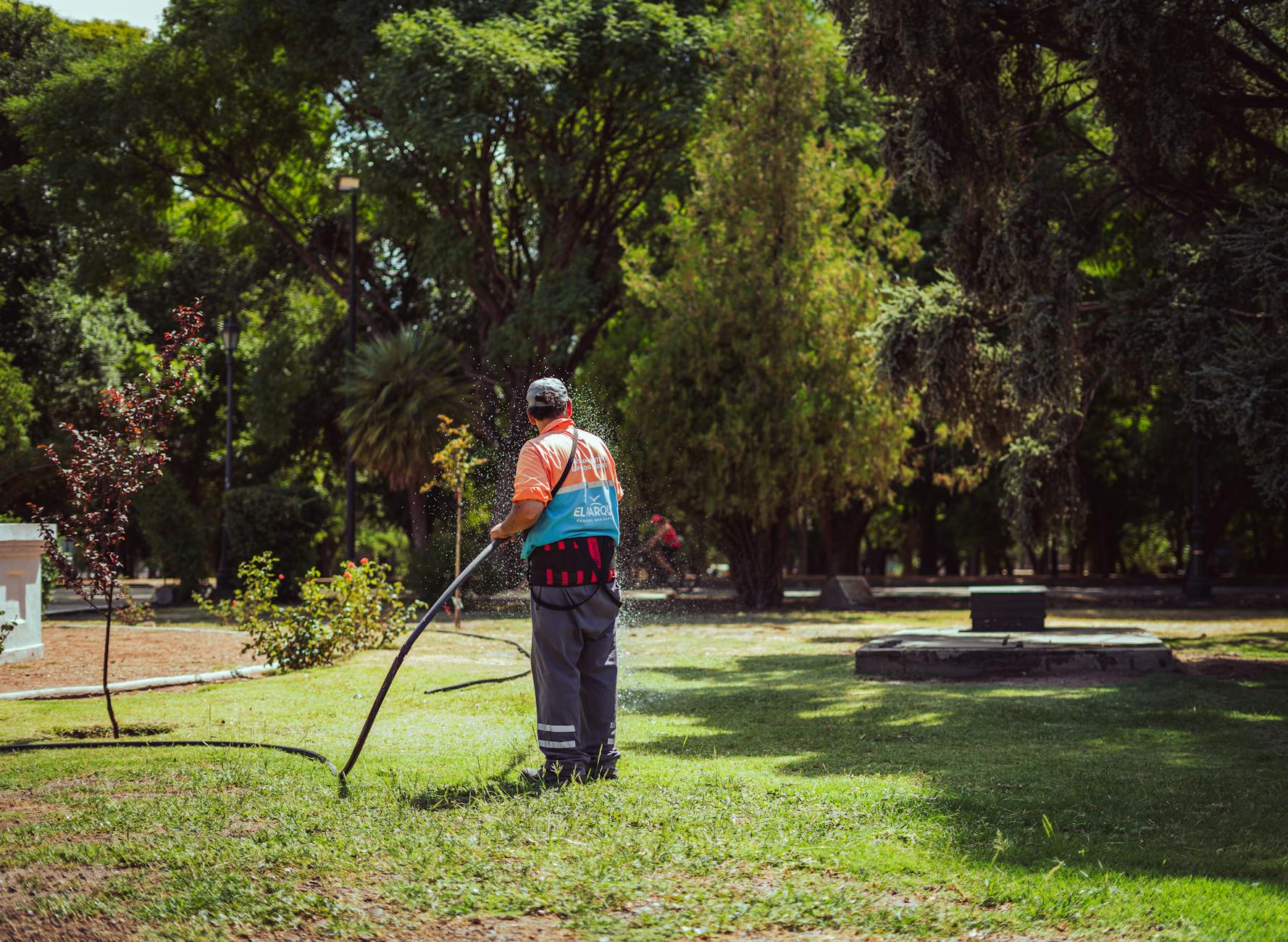 gardener watering park landscape in mendoza